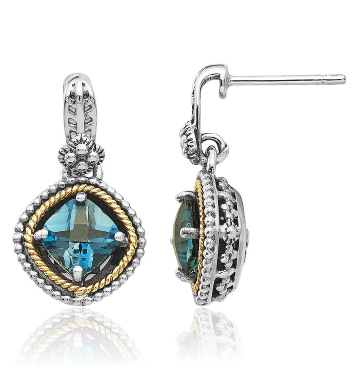 925 Sterling Silver Vintage Cushion-Cut London Blue Topaz Post Drop Dangle Earrings