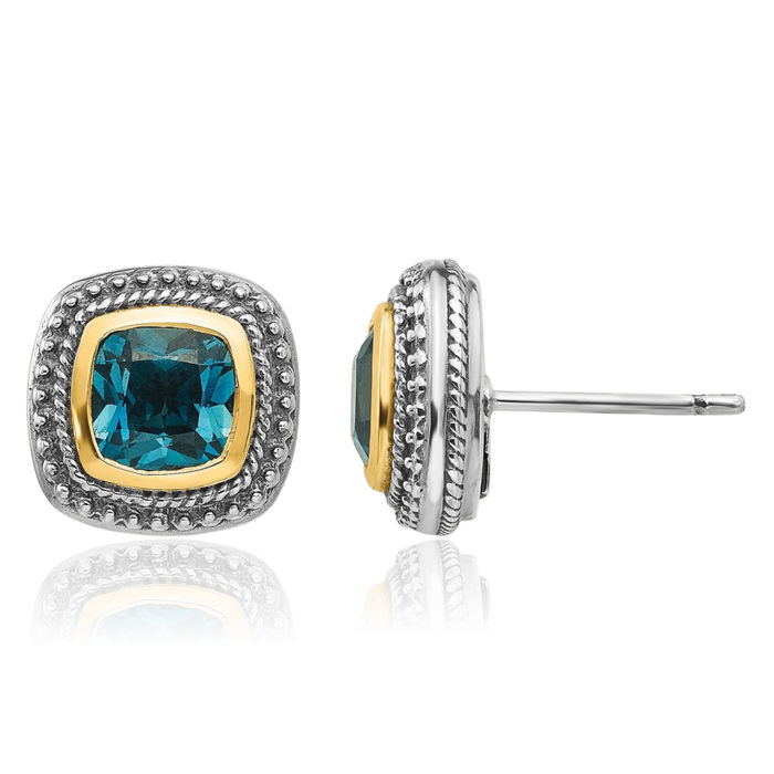 925 Sterling Silver Vintage Cushion-Cut London Blue Topaz Studs Gemstone Earrings