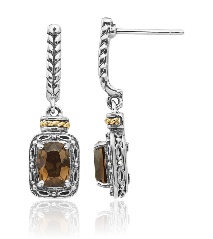 925 Sterling Silver Vintage Cushion-Cut Brown Smoky Quartz Post Drop Dangle Earrings