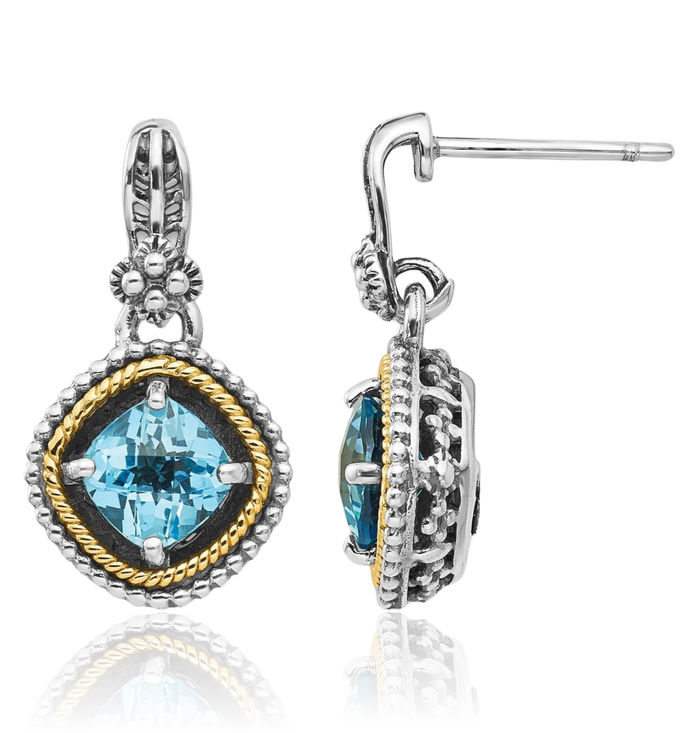 925 Sterling Silver Vintage Cushion-Cut Swiss Blue Topaz Post Drop Dangle Earrings