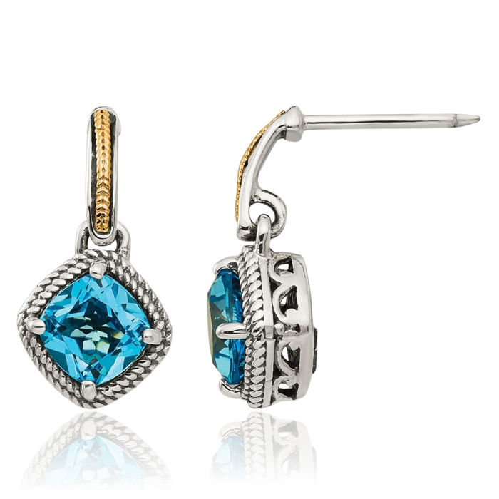 925 Sterling Silver Vintage Cushion-Cut Swiss Blue Topaz Post Drop Dangle Earrings