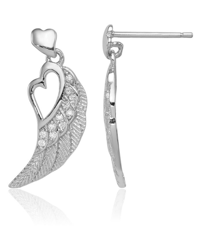 925 Sterling Silver Cubic Zirconia CZ Heart Guardian Angel Wings Post Drop Dangle Earrings