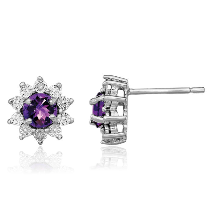 925 Sterling Silver Diamond Purple Amethyst Stud Earrings
