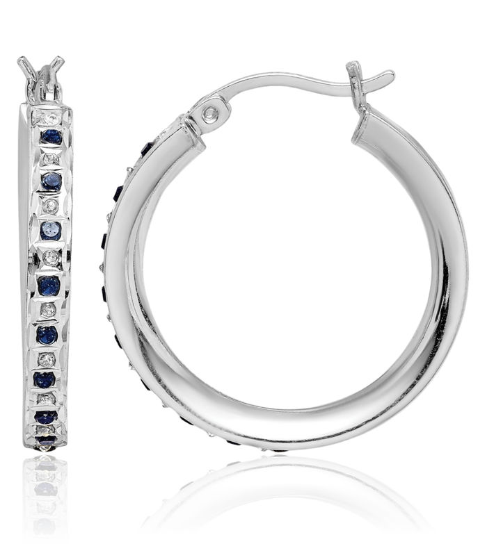 925 Sterling Silver Diamond Blue Sapphire Round Medium Hoop Earrings Gemstone Hoops