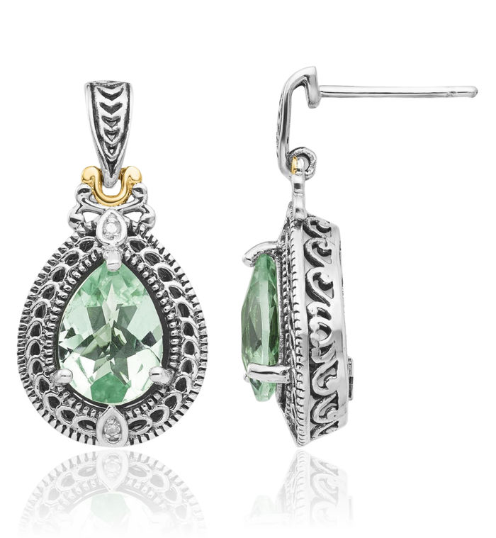 925 Sterling Silver Vintage Diamond Green Quartz Post Drop Dangle Earrings Pear Teardrop Gemstone