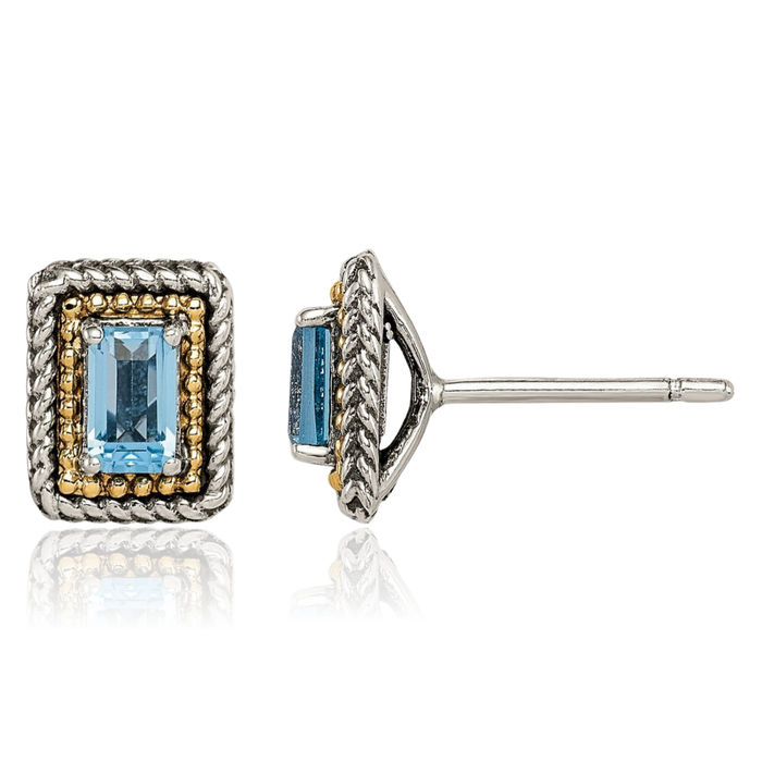 925 Sterling Silver Vintage Emerald-Cut Blue Topaz Studs Gemstone Earrings