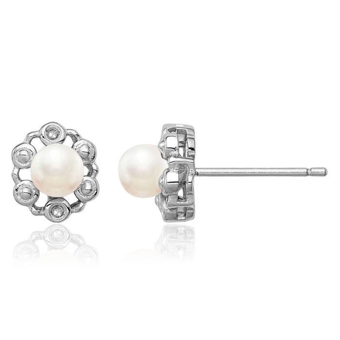 925 Sterling Silver Freshwater Cultured Pearl Diamond Stud Solitaire Earrings Gemstone Post Push Back June Birthstone Jewelry