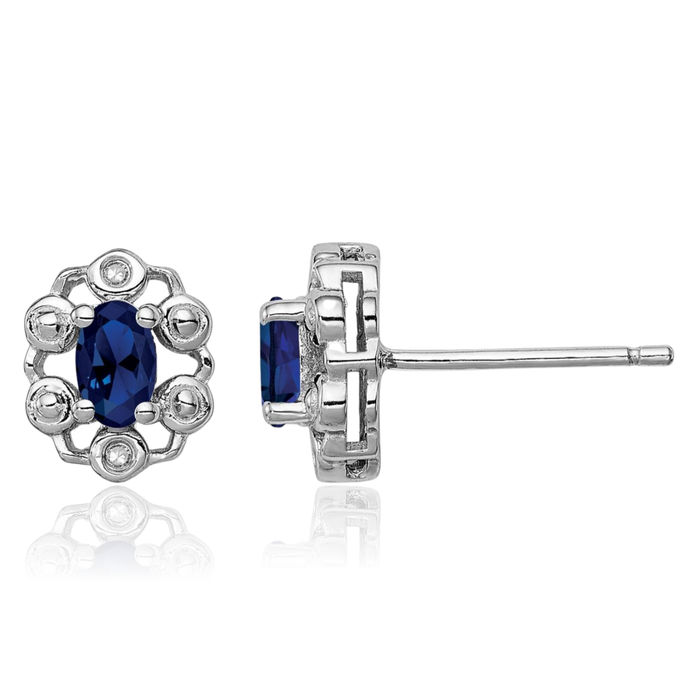 925 Sterling Silver Lab Blue Sapphire Diamond Stud Solitaire Earrings Gemstone Post Push Back September Birthstone Jewelry