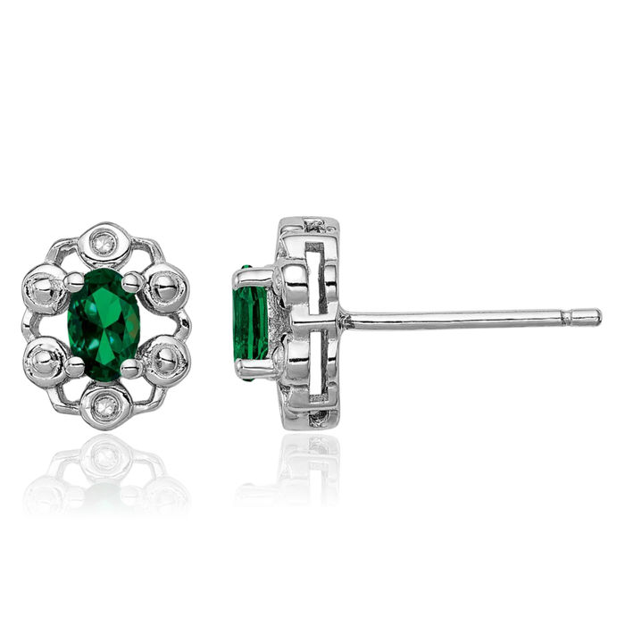 925 Sterling Silver Lab Green Emerald Diamond Stud Solitaire Earrings Gemstone Post Push Back May Birthstone Jewelry