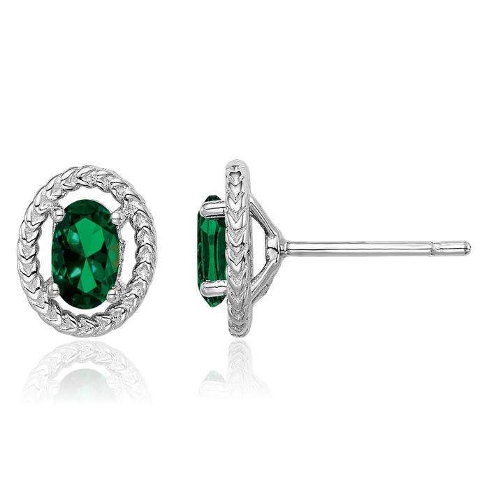 925 Sterling Silver Lab Green Emerald Oval Stud Earrings May Birthstone Jewelry