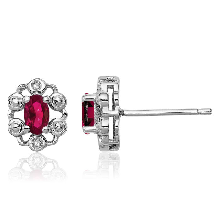 925 Sterling Silver Lab Red Ruby Diamond Stud Solitaire Earrings Gemstone Post Push Back July Birthstone Jewelry