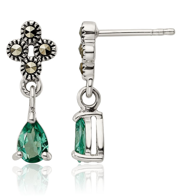 925 Sterling Silver Vintage Marcasite Lab Green Quartz Post Drop Dangle Earrings Pear Teardrop Gemstone Push Back