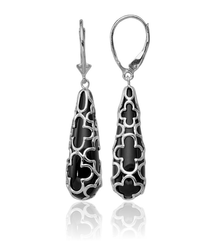 925 Sterling Silver Black Onyx Teardrop Drop Dangle Earrings