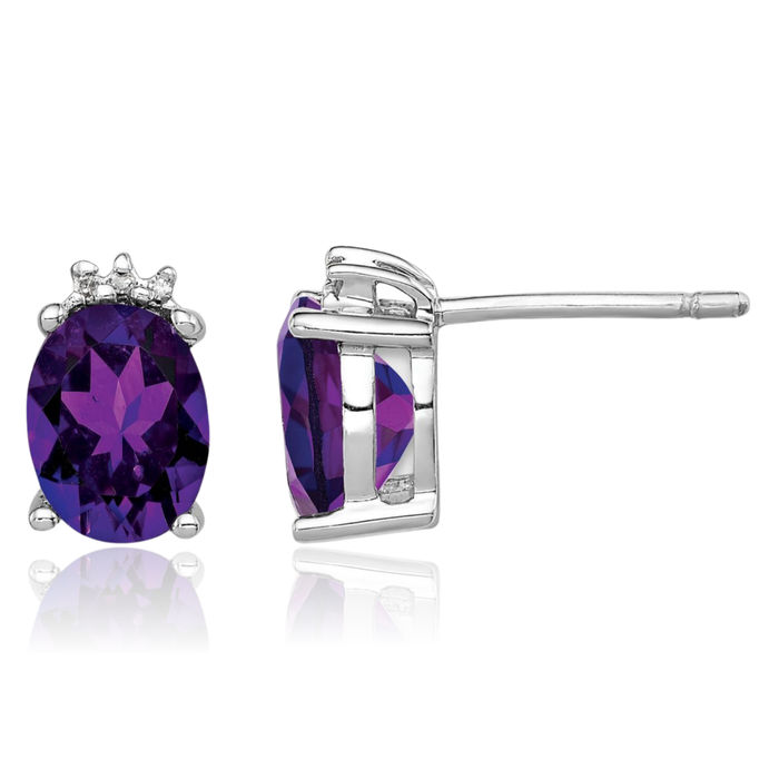 925 Sterling Silver Oval Purple Amethyst Diamond Stud Earrings February Birthstone Jewelry