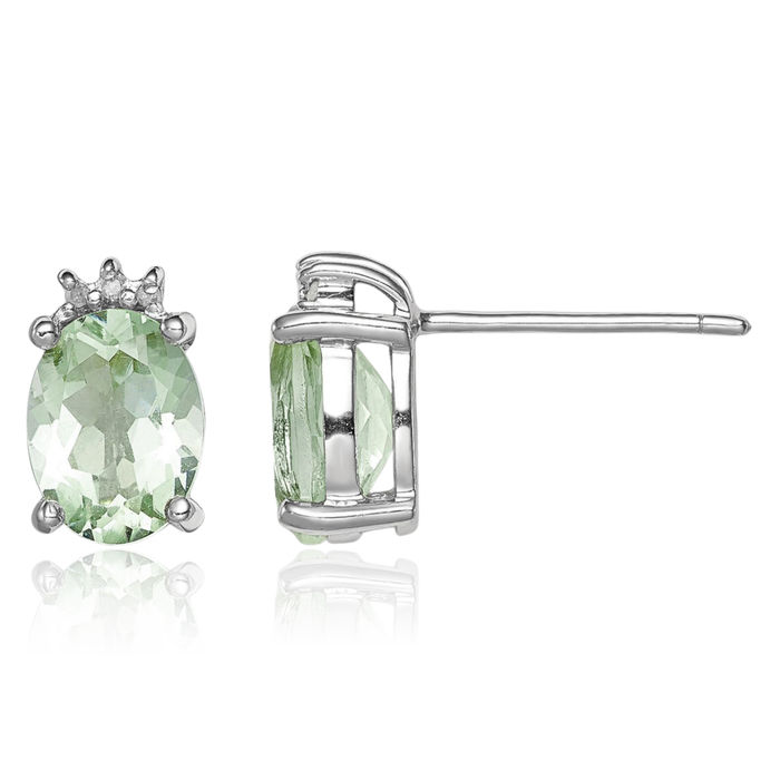925 Sterling Silver Oval Green Quartz Diamond Stud Earrings August Birthstone Jewelry