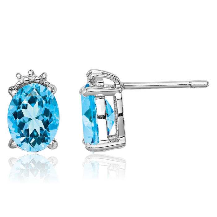 925 Sterling Silver Oval Swiss Blue Topaz Diamond Stud Earrings