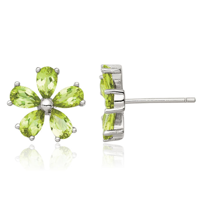 925 Sterling Silver Green Peridot Flower Studs Pear Teardrop Gemstone Earrings