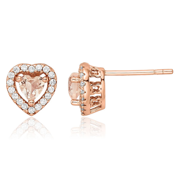 925 Sterling Silver Rose Tone Pink White Cubic Zirconia CZ Heart Stud Earrings