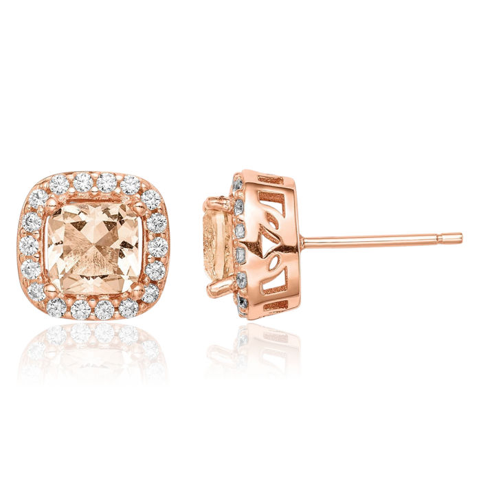 925 Sterling Silver Rose Tone Square Peach Cubic Zirconia CZ Halo Round Stud Earrings