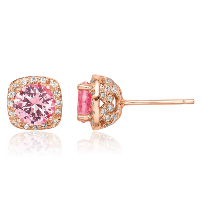 925 Sterling Silver Rose Tone Square Pink Rhinestone Crystals Cubic Zirconia CZ Stud Earrings