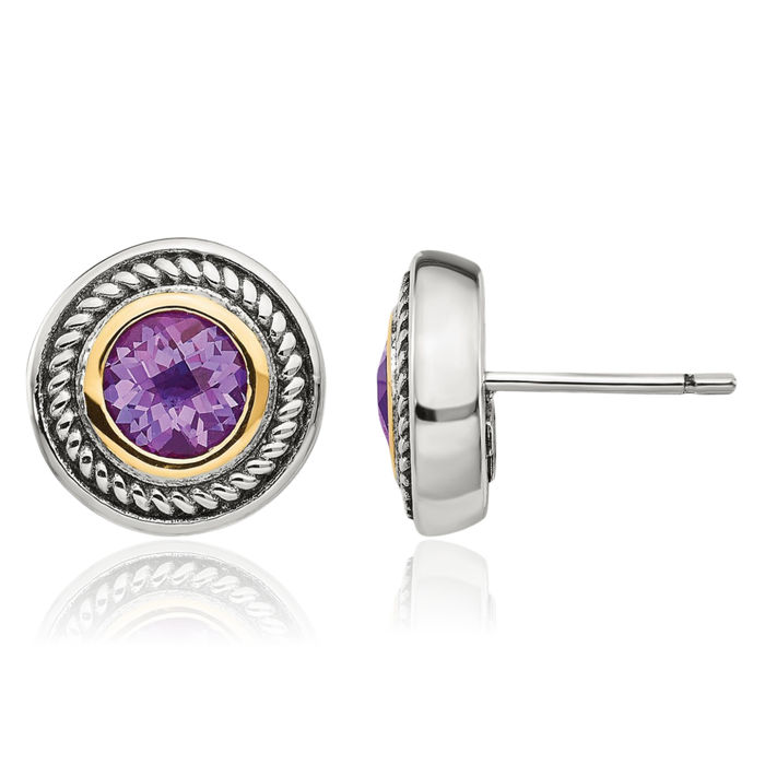 925 Sterling Silver Vintage Round Purple Amethyst Stud Earrings