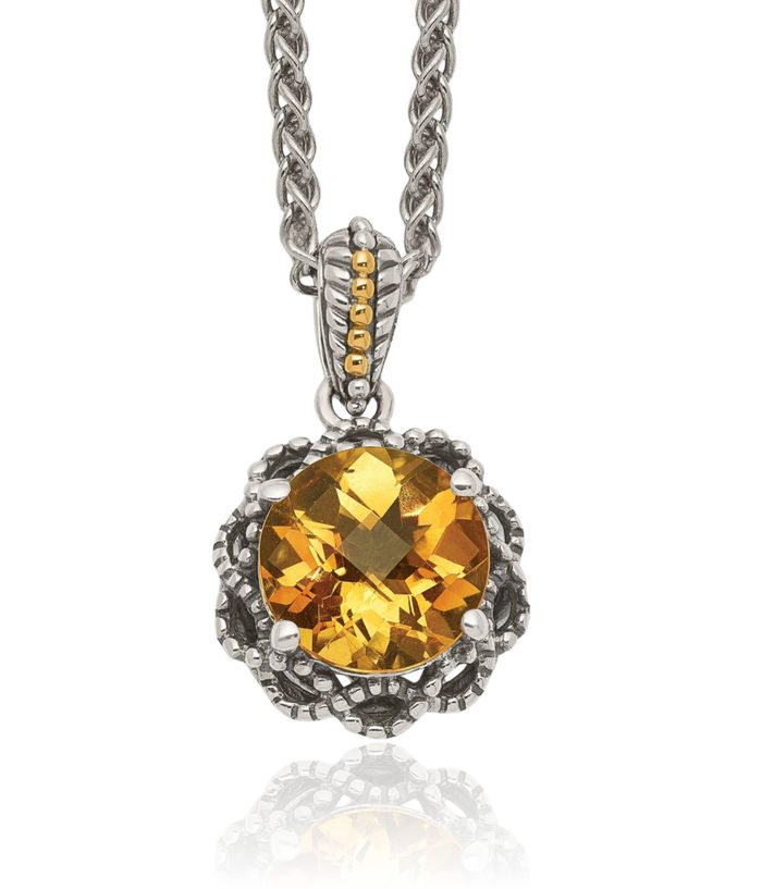 925 Sterling Silver Vintage Round Yellow Orange Citrine Chain Necklace Gemstone Pendant Charm