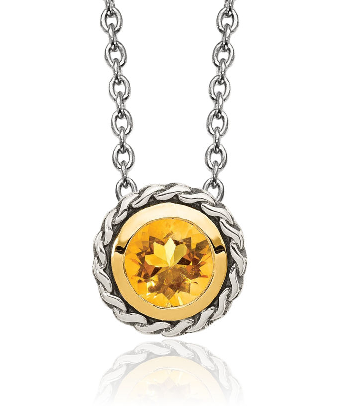 925 Sterling Silver Vintage Round Yellow Orange Citrine Chain Solitaire Necklace Gemstone Pendant Charm