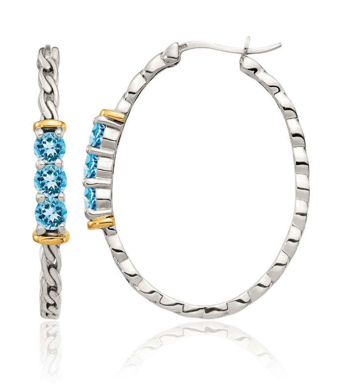 925 Sterling Silver Vintage Round Swiss Blue Topaz Medium Hoop Earrings