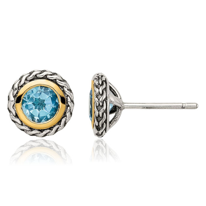 925 Sterling Silver Vintage Round Swiss Blue Topaz Stud Earrings