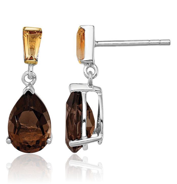 925 Sterling Silver Brown Smoky Quartz Yellow Orange Citrine Drop Dangle Earrings