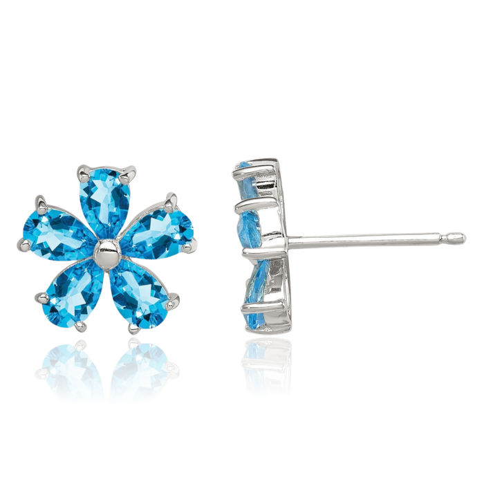 925 Sterling Silver Swiss Blue Topaz Flower Stud Earrings