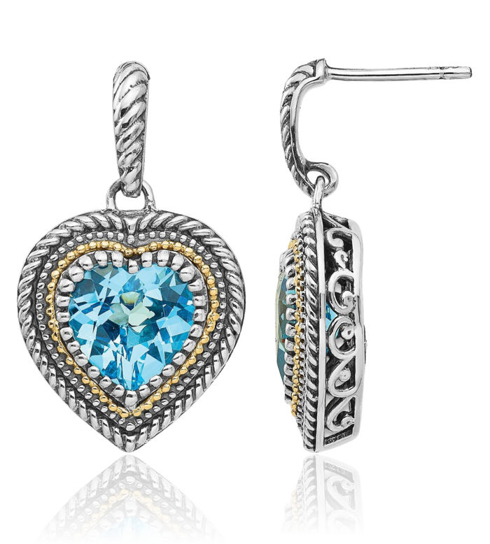 925 Sterling Silver Vintage Swiss Blue Topaz Heart Drop Dangle Earrings