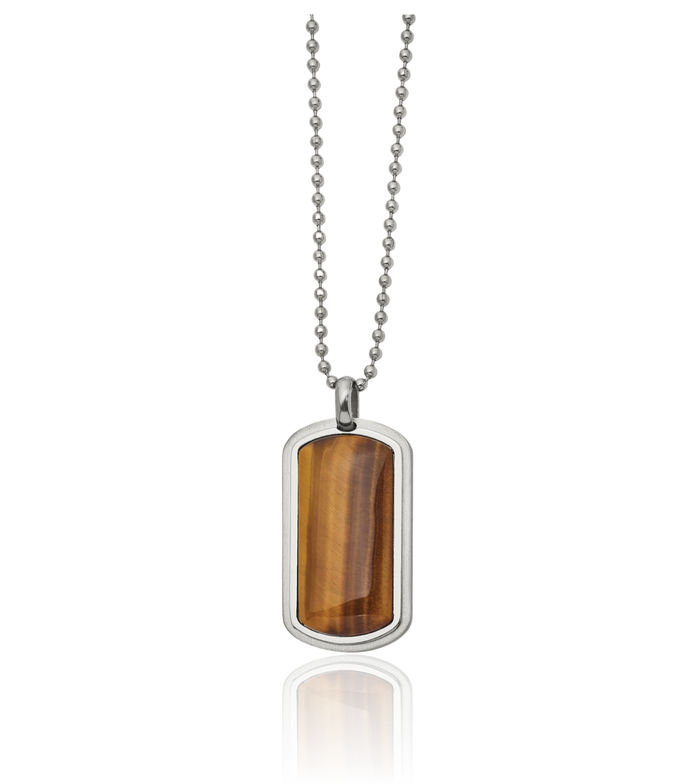 Stainless Steel Tigers Eye Dog Tag Necklace Charm Pendant Ball Link Chain Gemstone